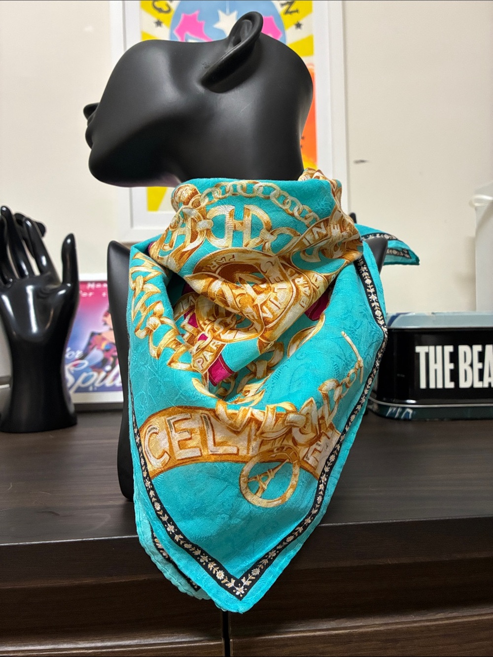 CELINE Vintage 90s Turquoise and Gold Patterned Women's Silk Scarf